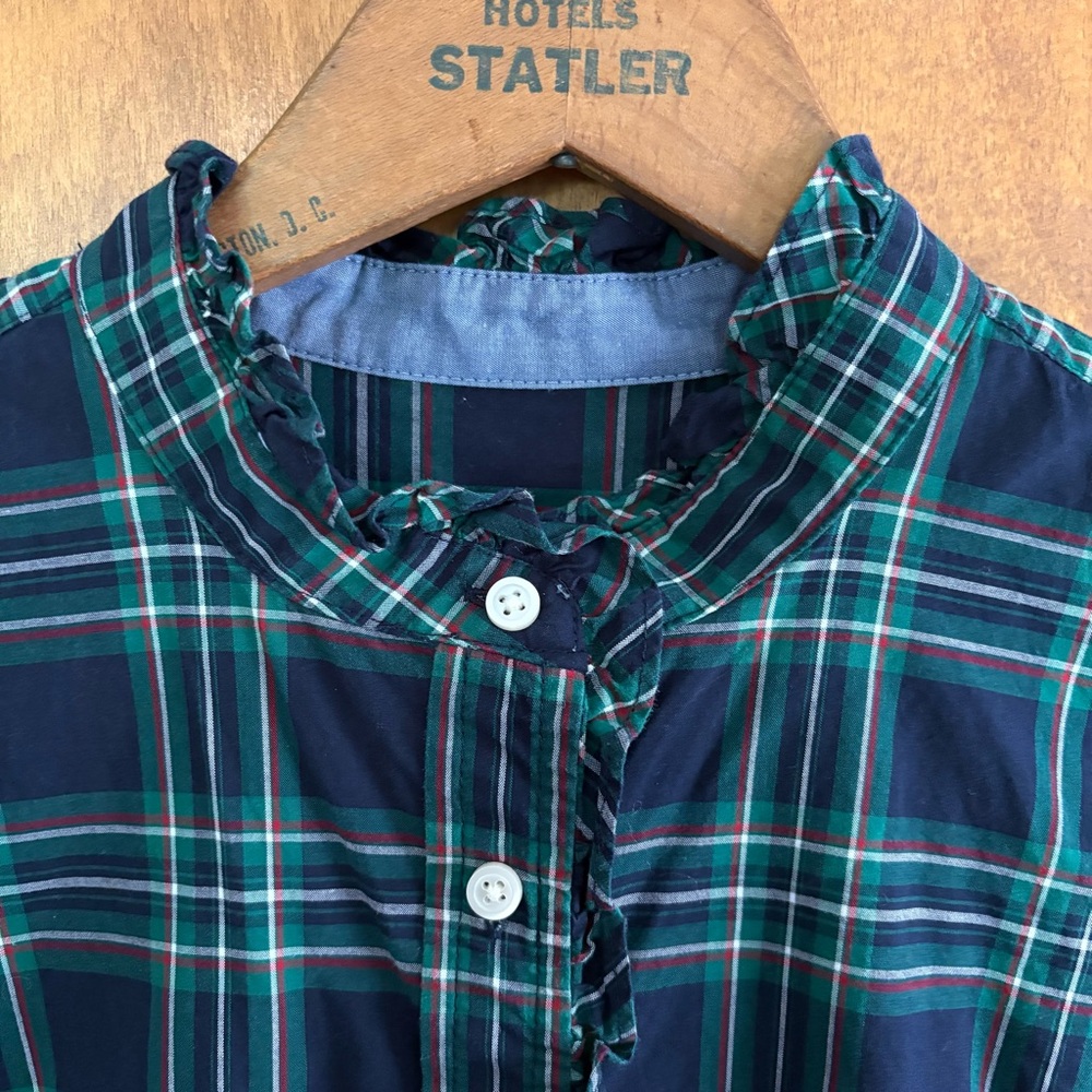 Talbots Green Blue Plaid Button Down Blouse Top 12 Ruffle High Neck Modest Fall - Picture 5 of 15